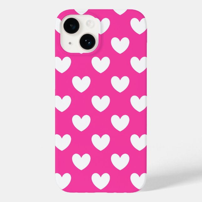 Weiße Polka-Herzen auf Fuchsienrosa Case-Mate iPhone 14 Hülle (Rückseite)