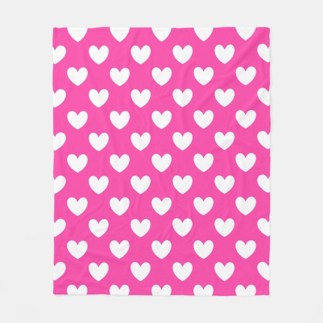 Weiße Polka-Herzen auf Fuchsienrosa Fleecedecke (Vorderseite)