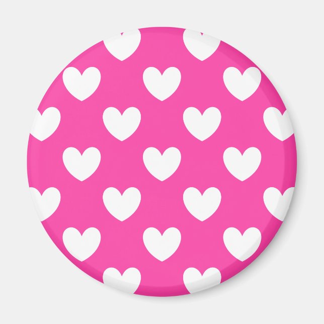 Weiße Polka-Herzen auf Fuchsienrosa Magnet (Vorne)