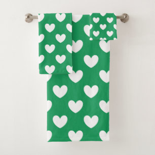 Weiße Polka-Herzen auf Kelly Green Badhandtuch Set