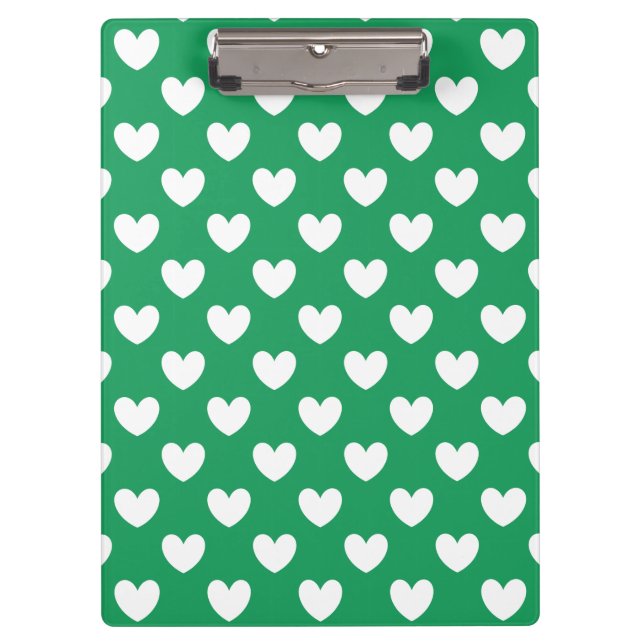 Weiße Polka-Herzen auf Kelly Green Klemmbrett (Vorderseite)