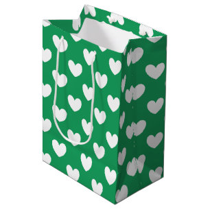 Weiße Polka-Herzen auf Kelly Green Mittlere Geschenktüte