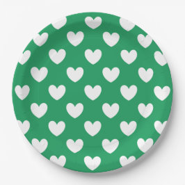 Weiße Polka-Herzen auf Kelly Green Pappteller