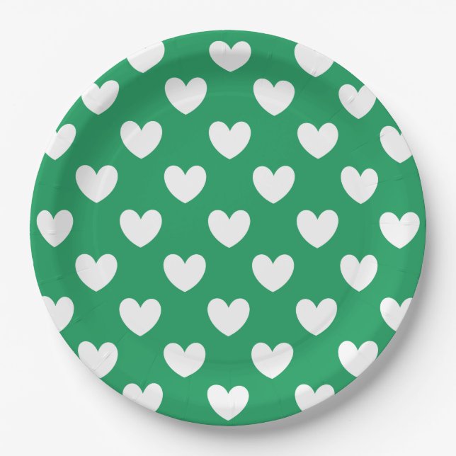 Weiße Polka-Herzen auf Kelly Green Pappteller (Vorderseite)