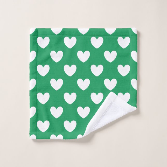 Weiße Polka-Herzen auf Kelly Green Waschlappen (Waschlappen)