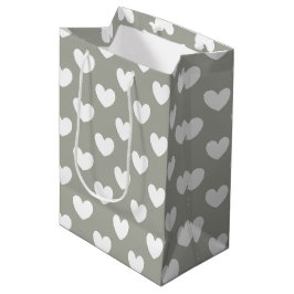 Weiße Polka Herzen auf Pussywillow Gray Mittlere Geschenktüte