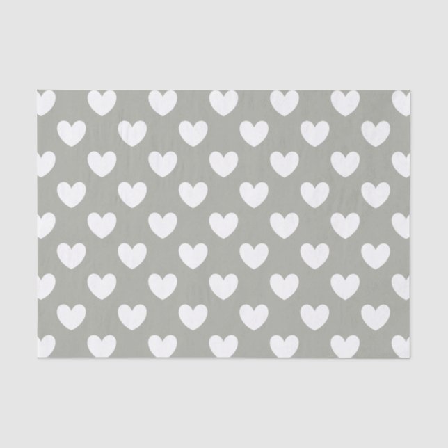 Weiße Polka Herzen auf Pussywillow Gray Seidenpapier (Vorderseite)