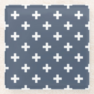 Weiße Polka-Kreuze auf blau-grau Glasuntersetzer