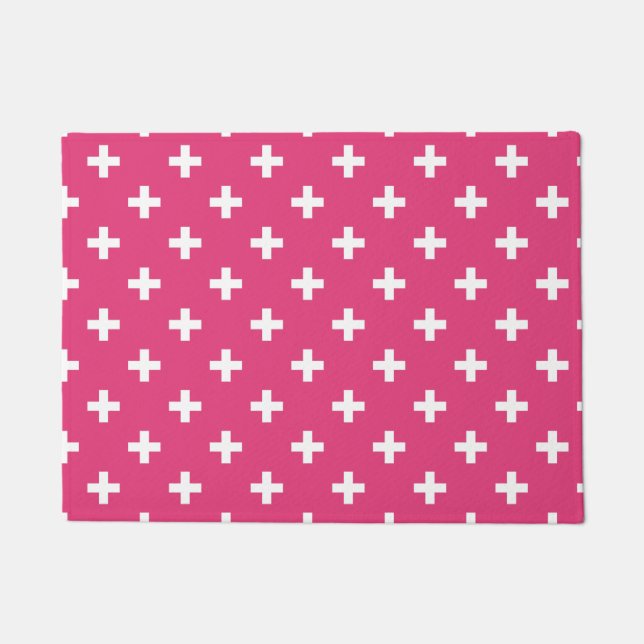 Weiße Polka-Kreuze auf Fuchsia Fußmatte (Vorderseite)
