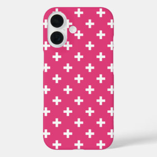 Weiße Polka-Kreuze auf Fuchsia iPhone 16 Hülle