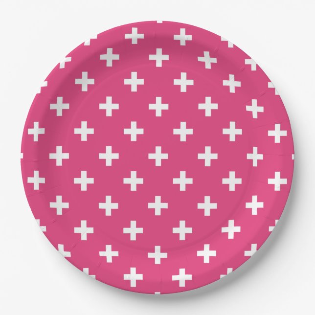 Weiße Polka-Kreuze auf Fuchsia Pappteller (Vorderseite)
