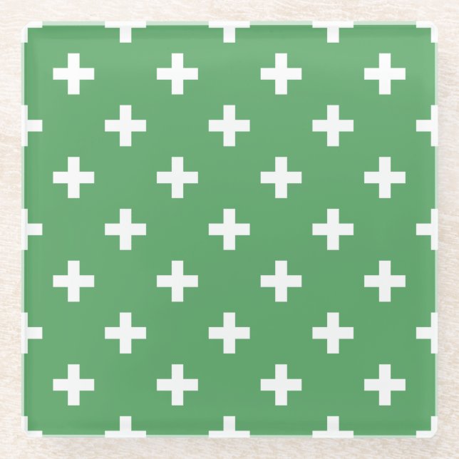 Weiße Polka kreuzt grün Glasuntersetzer (Vorderseite)