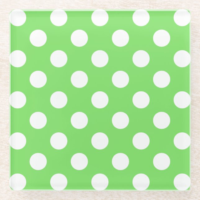 Weiße Polka Punkte auf Apfelgrün Glasuntersetzer (Vorderseite)