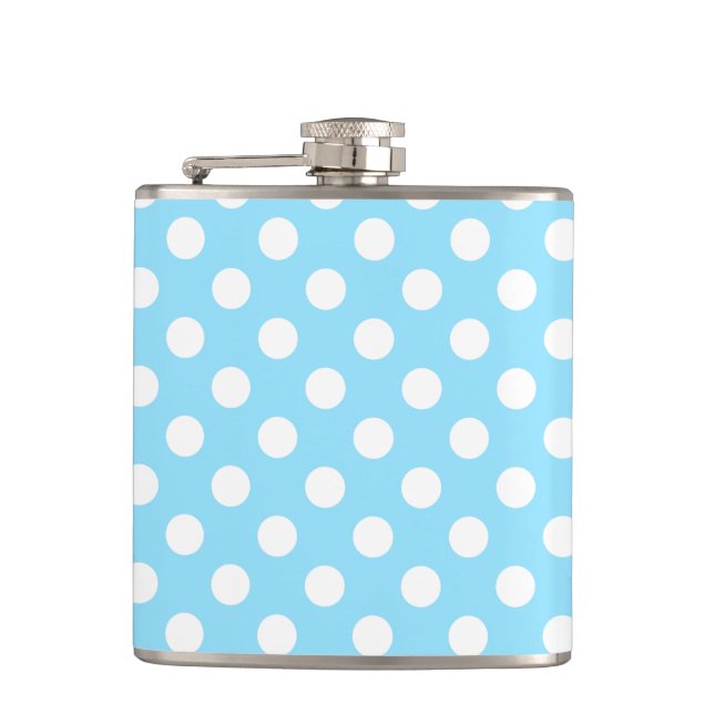 Weiße Polka-Punkte auf blass blau Flachmann (Vorderseite)