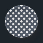 Weiße Polka-Punkte auf blau-grau Pappteller<br><div class="desc">Weiße Polka-Punkte auf blau-grau</div>