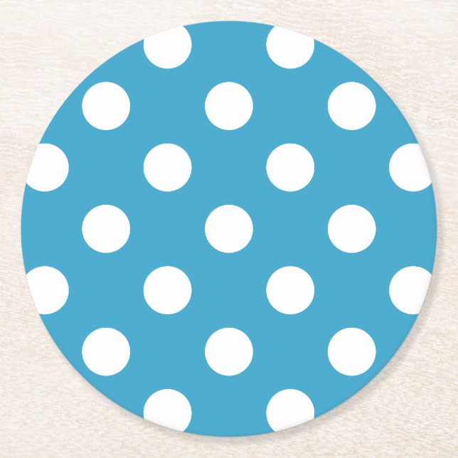 Weiße Polka-Punkte auf dem Pfauenblauen Hintergrun Runder Pappuntersetzer (Vorderseite)