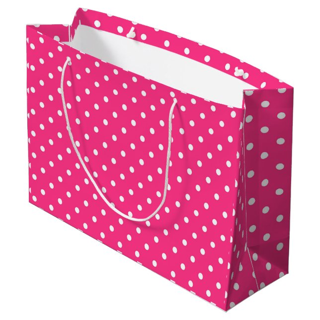 Weiße Polka Punkte auf Fuchsia Farbe Große Geschenktüte (Rückseite Schrägansicht)