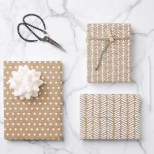 Weiße Polka Punkte auf Imitaten Rustikale braune K Geschenkpapier Set