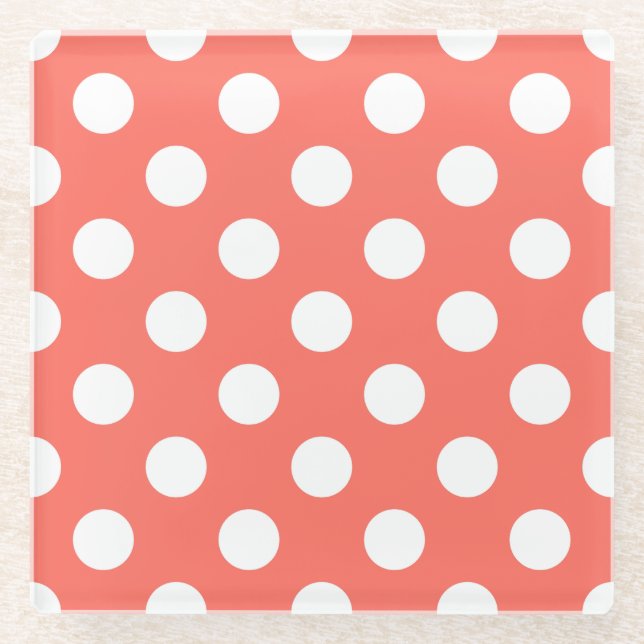 Weiße Polka-Punkte auf lebende Korallen Glasuntersetzer (Vorderseite)