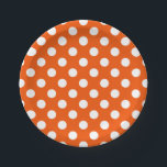 Weiße Polka-Punkte auf Orange Pappteller<br><div class="desc">Weiße Polka-Punkte auf Orange</div>