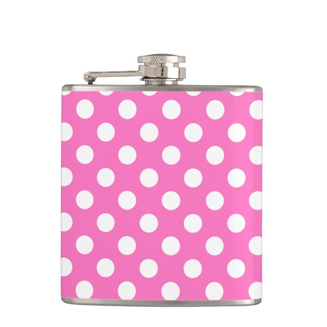 Weiße Polka-Punkte auf rosa Flachmann (Vorderseite)