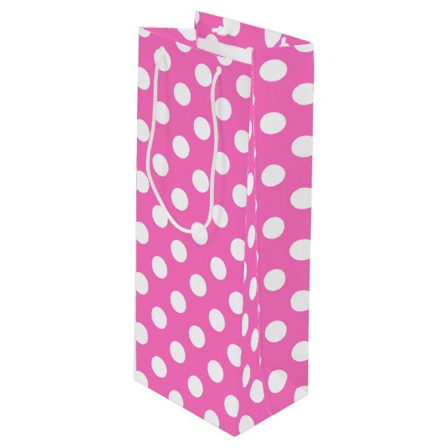 Weiße Polka-Punkte auf rosa Geschenktüte Für Weinflaschen (Vorderseite Schrägansicht)