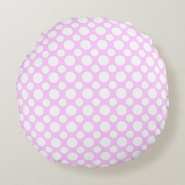 Weiße Polka Punkte auf rosa Rundkissen Rundes Kissen (Vorderseite)