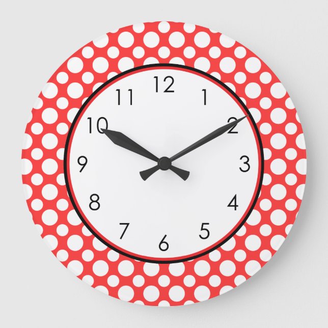Weiße Polka-Punkte auf Rot mit Uhrenzahl Große Wanduhr (Vorderseite)