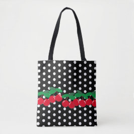 Weiße Polka Punkte auf Schwarz mit Kirschen Tasche