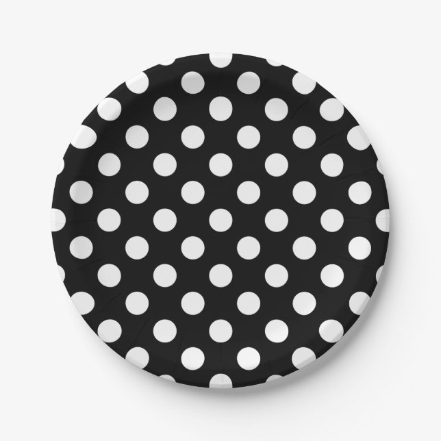 Weiße Polka Punkte auf schwarz Pappteller (Vorderseite)
