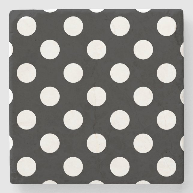 Weiße Polka Punkte auf schwarz Steinuntersetzer (Vorderseite)