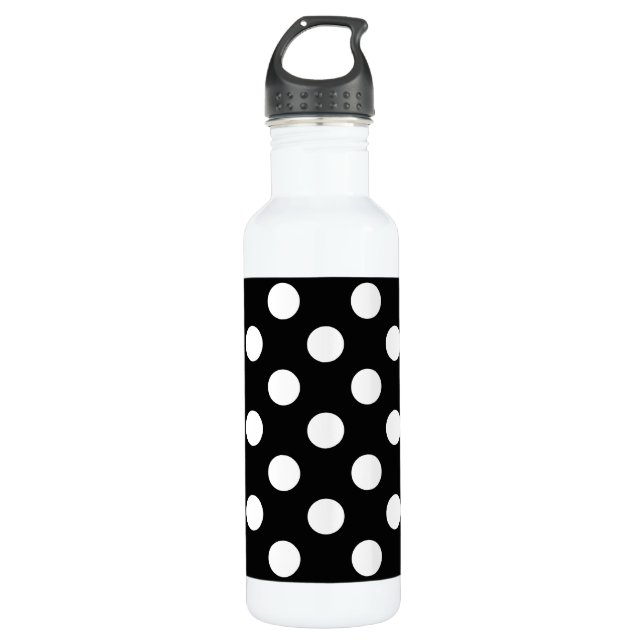 Weiße Polka Punkte auf schwarz Trinkflasche (Vorderseite)