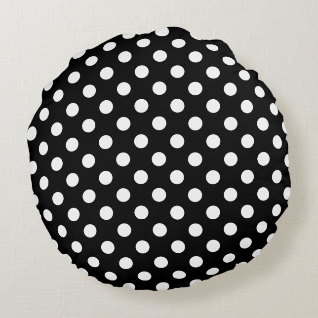 Weiße Polka Punkte auf schwarzem Hintergrund Rundes Kissen (Rückseite)