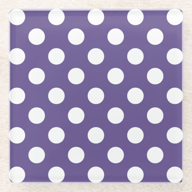 Weiße Polka-Punkte auf Ultraviolett Glasuntersetzer (Vorderseite)