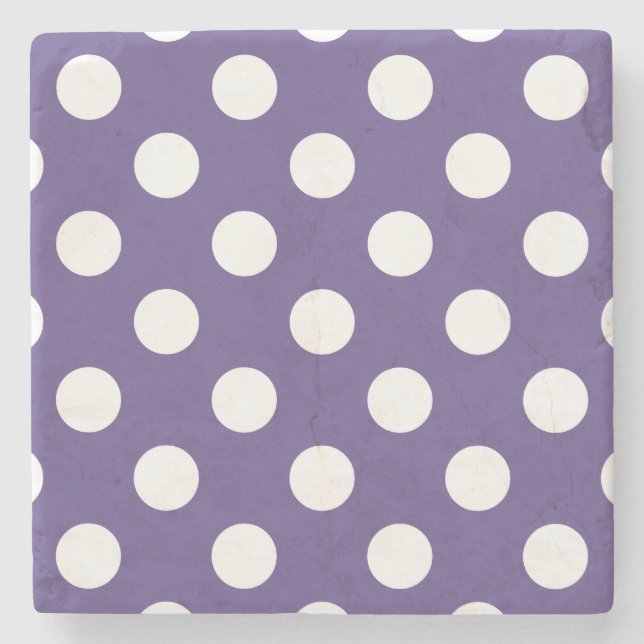Weiße Polka-Punkte auf Ultraviolett Steinuntersetzer (Vorderseite)