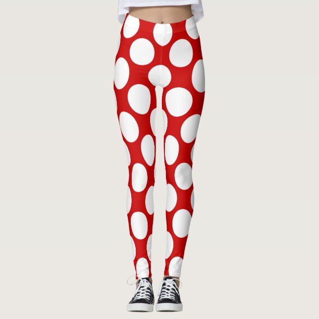 Weiße Polka Punkte groß auf einem roten Hintergrun Leggings (Vorderseite)