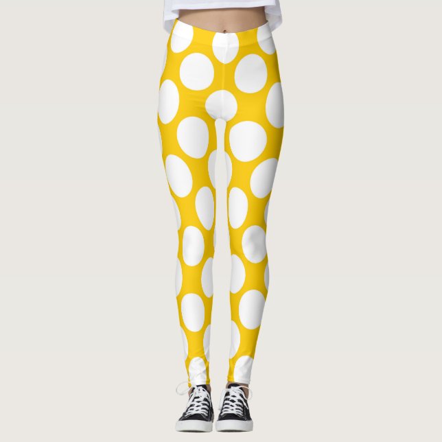 Weiße Polkapunkte groß auf der Mandarine Leggings (Vorderseite)