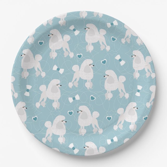 Weiße Poodles und Bows Muster Blau Pappteller (Vorderseite)