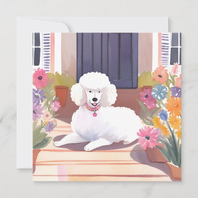 Weiße Pudel | Hund Haustier Wasserfarbe Blumen Kar (Vorderseite)