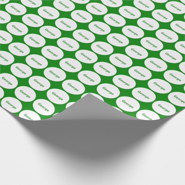 Weiße Punkte Muster auf Grün mit Namen Geschenkpapier (Ecke)