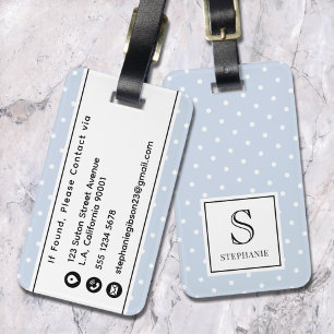 Weiße Punkte-Muster Monogramm & Name Blassblau Gepäckanhänger