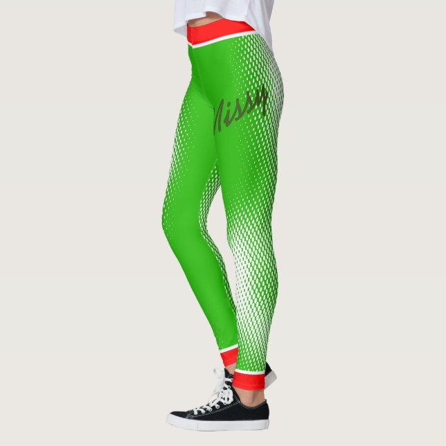 Weiße Punktmuster auf Grün mit Ihrem Namen Leggings (Links)