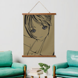 Weiße quadratische Untersetzer für junge Anime-Mäd Wandteppich Mit Holzrahmen