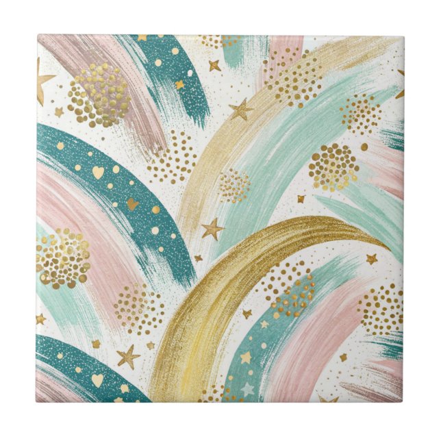 Weiße Rainbow Pastell Abstrakt mit Goldstars Fliese (Vorderseite)