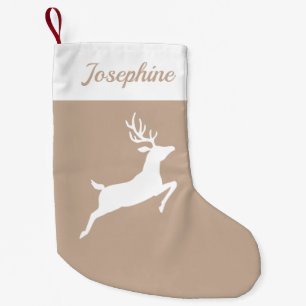 Weiße Rentier-Silhouette auf Beige und benutzerdef Kleiner Weihnachtsstrumpf