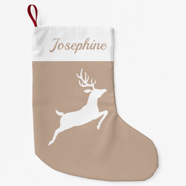 Weiße Rentiere Silhouette auf Beige und Individuel Kleiner Weihnachtsstrumpf (Vorderseite)