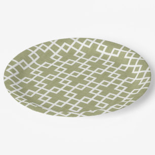 Weiße Retro-Chic-Quadrate-Muster auf Olive Green Pappteller