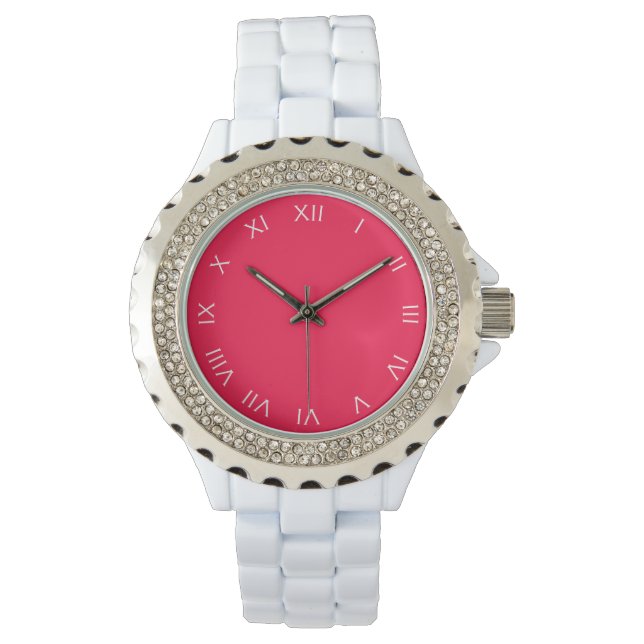 Weiße römische Zahlen auf rosa Wacke Armbanduhr (Vorderseite)