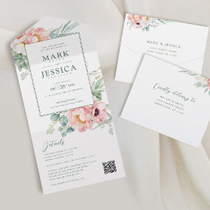 Weiße rosa Blumen-Hochzeitseinladung All In One Einladung