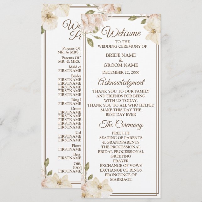 Weiße rosa Blumenrahmen Grün Moderne Hochzeit Programm (Vorne/Hinten)
